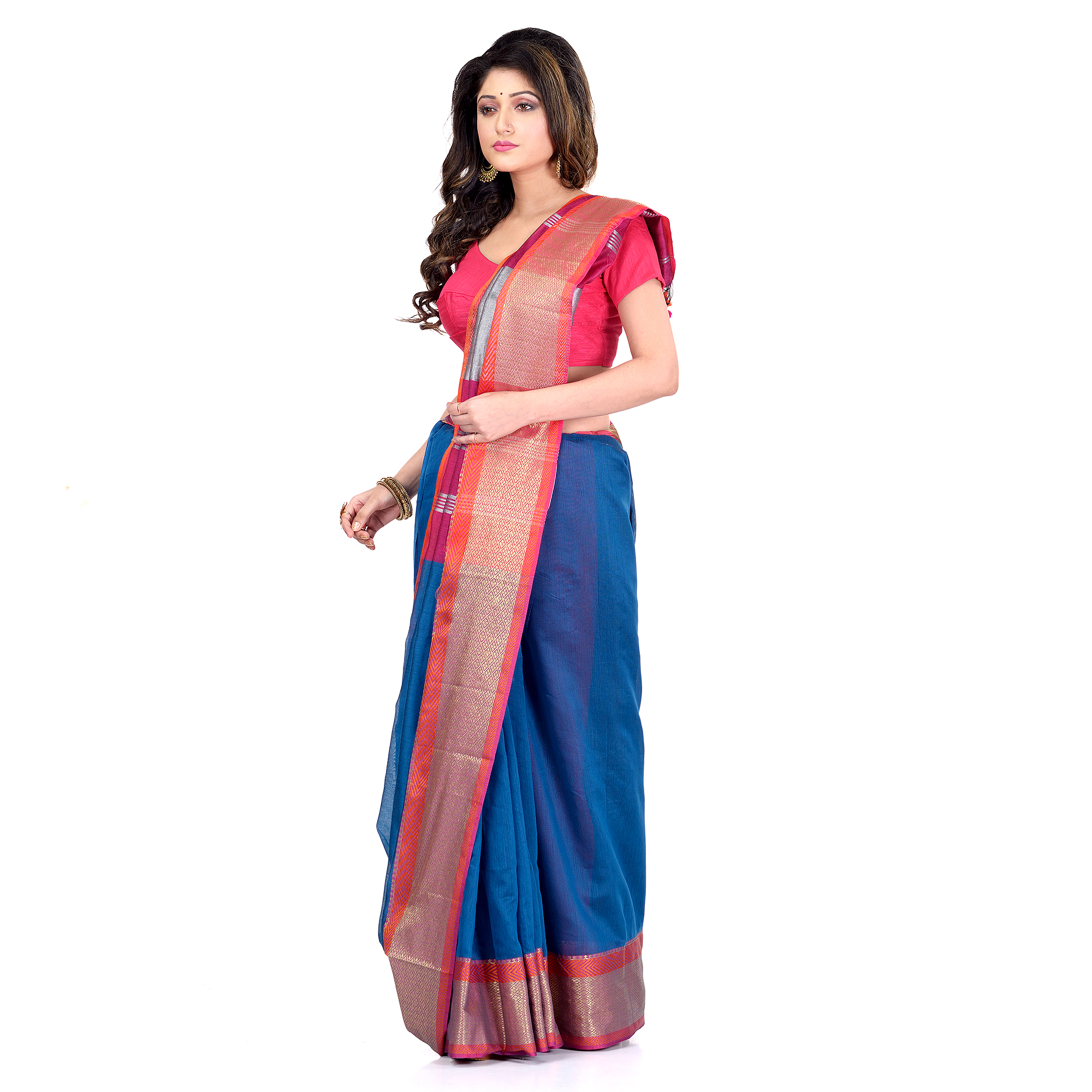 DESH BIDESH Women`s Handloom Cotton Silk Saree Jacquard Maheswari Design Zari Work With Blouse Piece(Blue Pink)